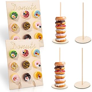 Yulejo 6 Pack Donut Stand Set Includes 2 Pcs Donut Board Display Wall and 4 Pcs Doughnut Tower Stand, Wooden Dessert Doughnut Wall Bagel Holder for Baby Shower Wedding Birthday Party Decorative