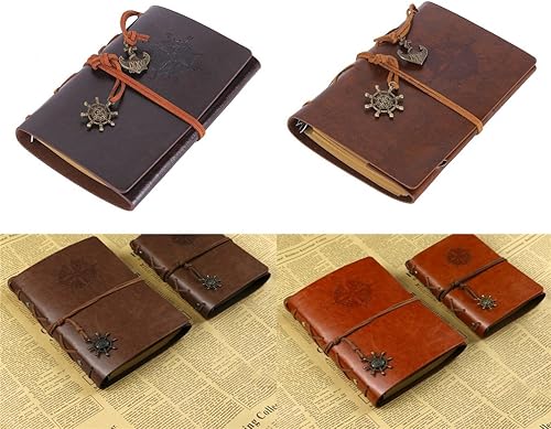 Vista 4 de Ailifly Cuaderno de escritura de cuero náutico vintage, hojas sueltas en blanco, recargable, diario de viaje en relieve, cuaderno en espiral