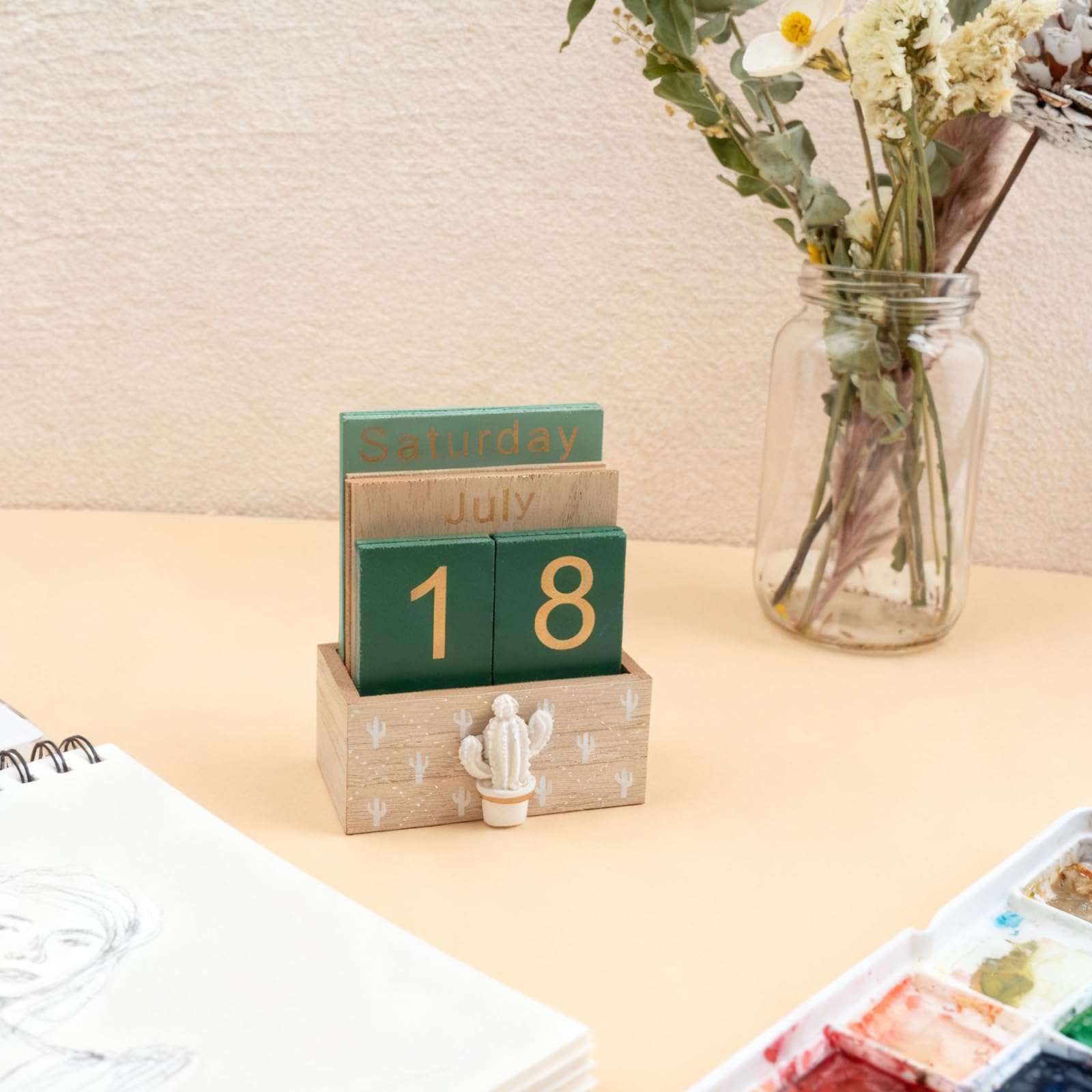 Notakia Perpetual Calendar, Wooden Calendar for Home Office Desk