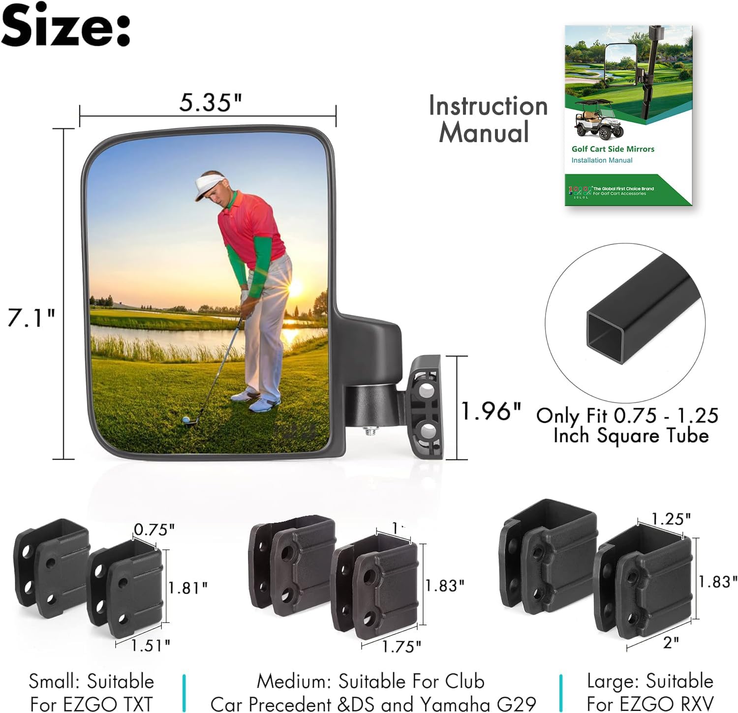 10L0L Rétroviseurs latéraux pour voiturettes de golf, rétroviseurs latéraux rabattables sans perçage pour Yamaha EZGO Club Car Golf Buggy etc.