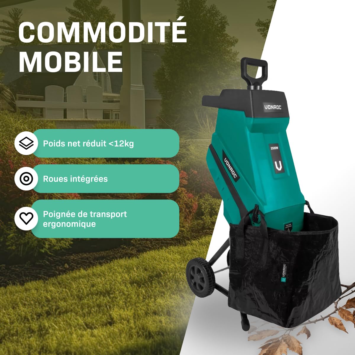 VONROC Broyeur de végétaux 2500W – Pour branches jusqu’à Ø45mm - Sac de ramassage de 45L et poussoir inclus -Silencieux et robuste - broyeur pour déchets de jardin - Fonction de sécurité