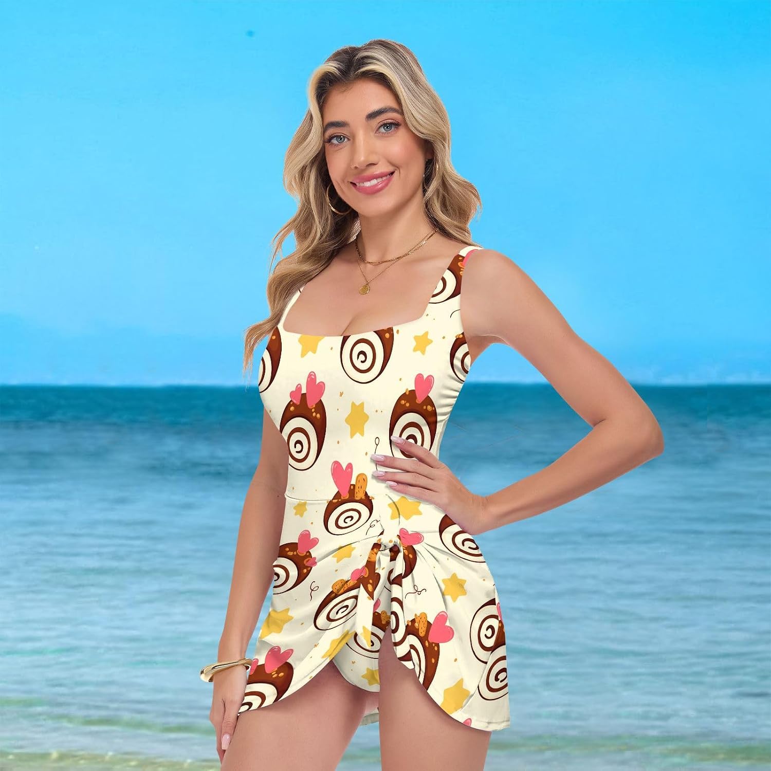 Dessert Swiss Roll Star Yellow Women's One Piece Swimsuits Tummy Control Bathing Suits S A2302196