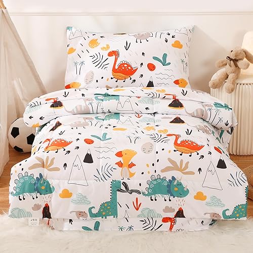 JSD Juego de ropa de cama de 4 piezas con diseño de dinosaurio para niños y niñas, incluye sábana encimera, sábana bajera, edredón acolchado y funda