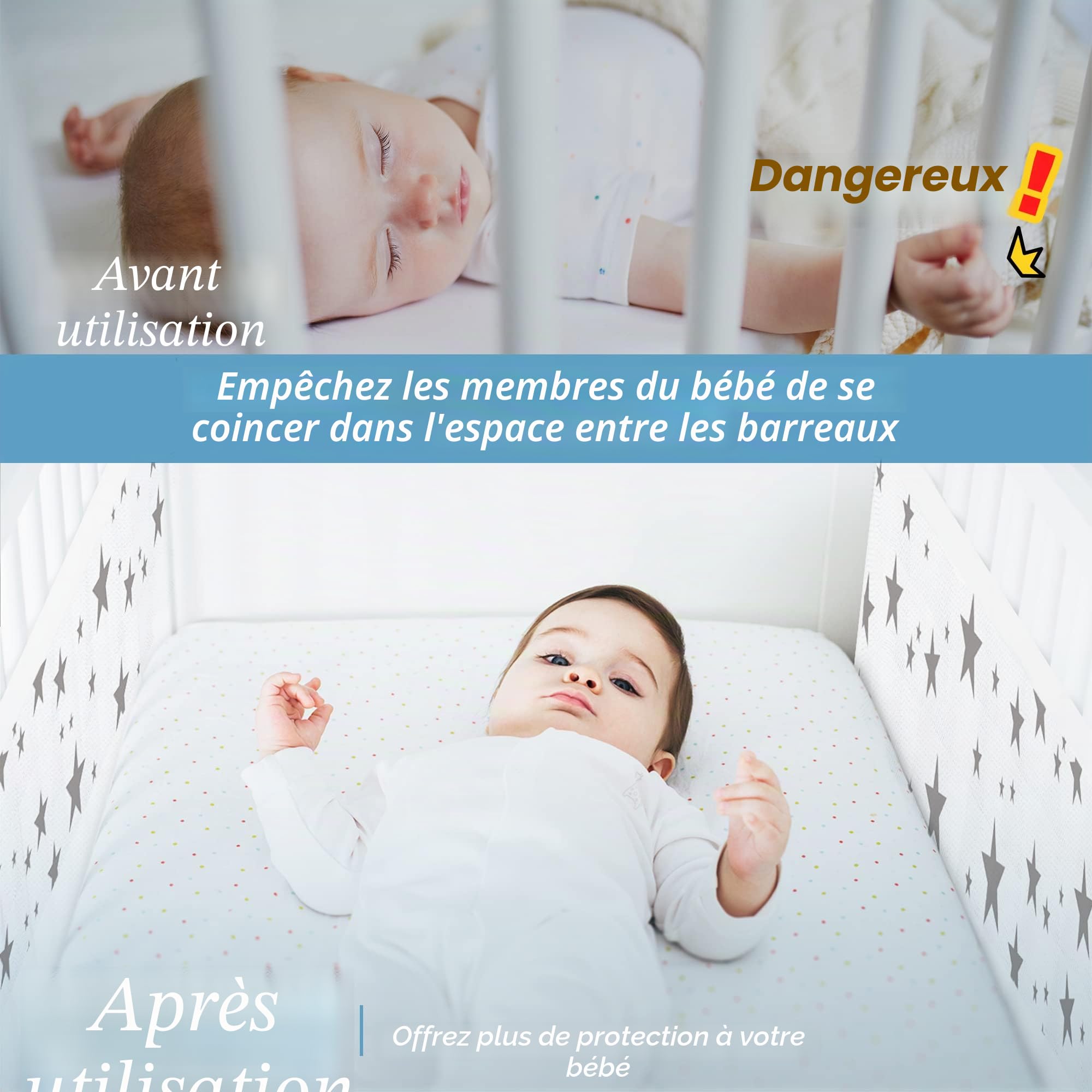 WYSWYG® Lot de 2 bordures de lit de bébé respirantes pour la sécurité et le confort, de qualité supérieure, 70 x 140 cm, tour de lit d'enfant, protection de lit à barreaux, 30 cm x 170 cm