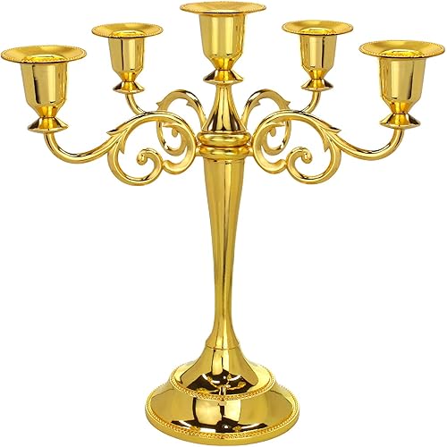 Dorlotou Metal Candelabra 5-Candle 10.1 Inch Tall Candle Holder Stick for Home Wedding Event and Party Festival,Gold