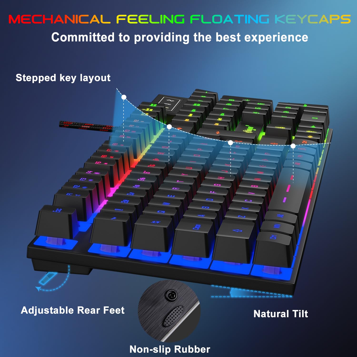 Teclado RGB para juegos y teclado retroiluminado y auriculares, teclado retroiluminado BlueFinger USB con cable retroiluminado, juego de ratón LED para juegos, auriculares con micrófono para