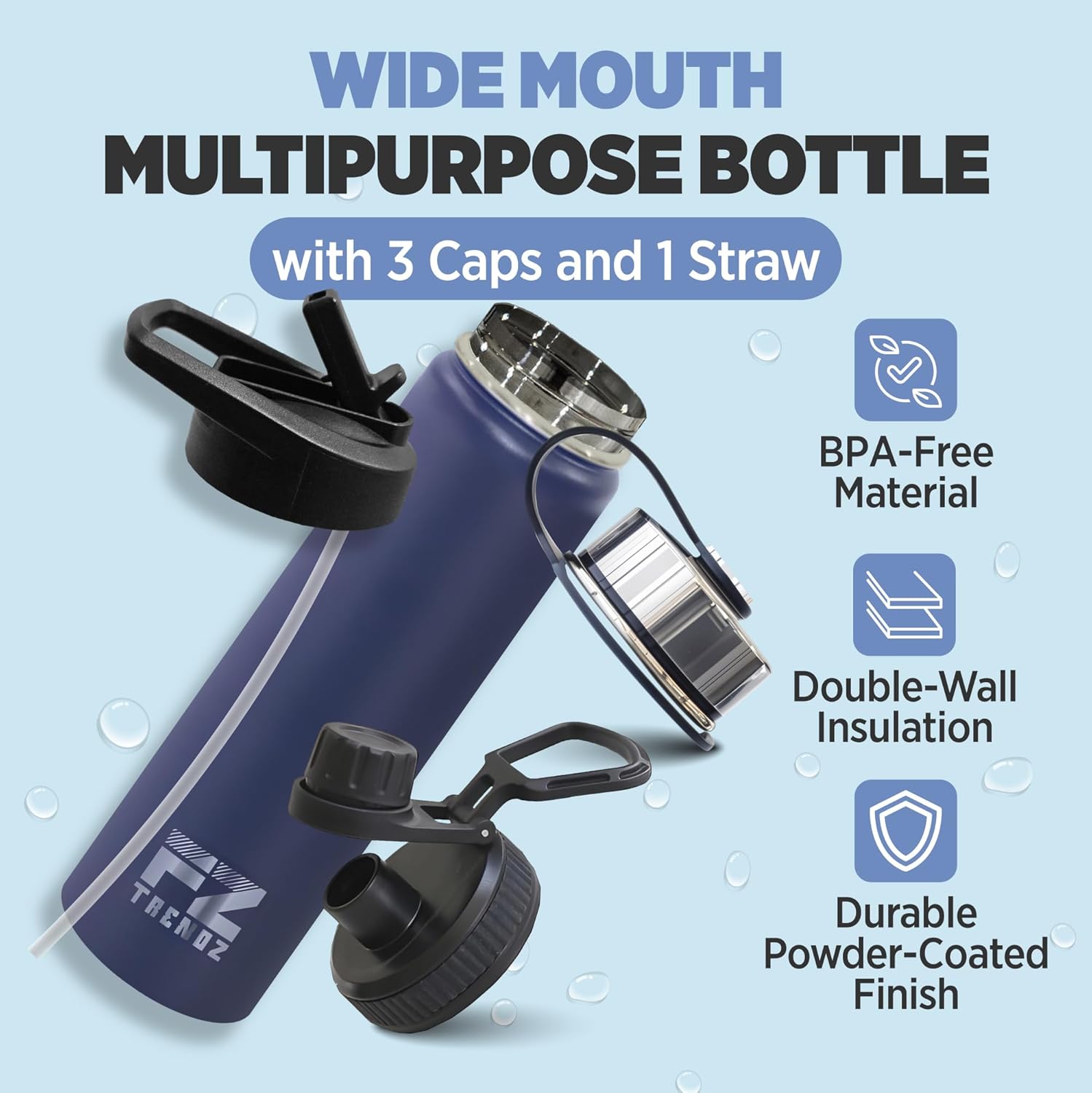 FZ TRENDZ Insulated Water Bottle, 22 oz water bottle, Stainless Steel water bottle, 3 Interchangeable Lids, Straw, Leak Free & BPA Free, Blue water bottle, dishwasher safe water bottle - Image 3