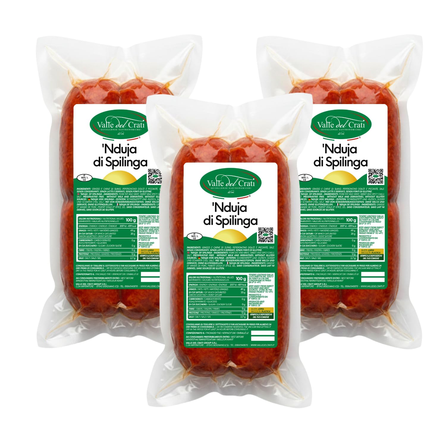 Valle del Crati Nduja Calabrese di Spilinga 1.5kg, Nduja Piccante sottovuoto prodotta in Calabria, Salume Artigianale di puro suino, 3 Pezzi (1500 gr)