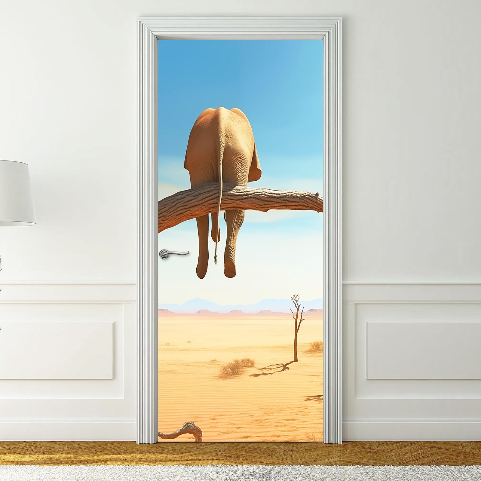 Animal Elephant - Poster adesivo per porta, autoadesivo, da parete, motivo: natura dune, cielo, blu marrone, adesivi per porta in PVC, per camera da letto, soggiorno, cucina, 95 x 215 cm