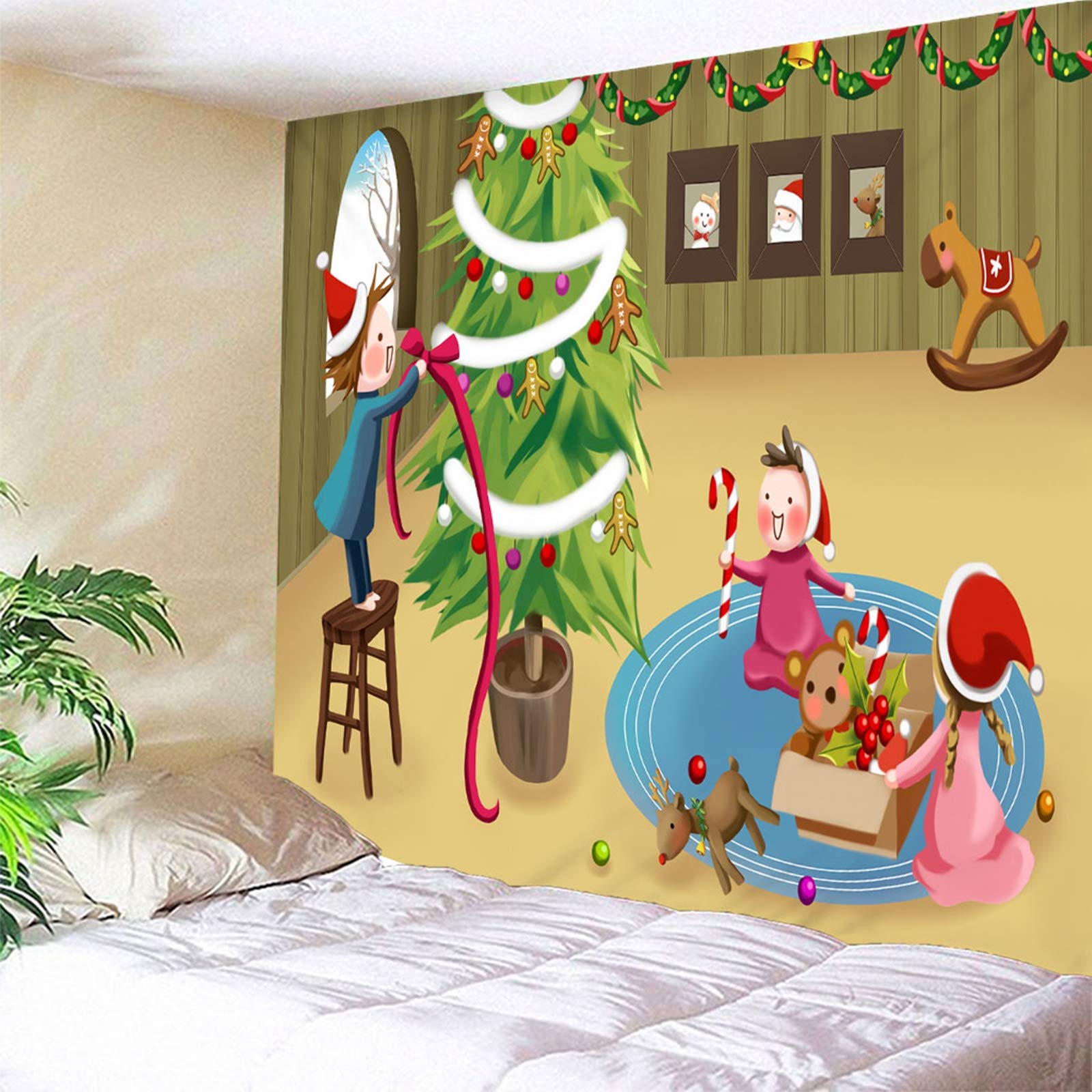 Arazzo da Parete Natalizio, Arazzi da Parete Albero di Natale e Persone Marrone Verde Arazzo Tappeto Parete, 200x200CM