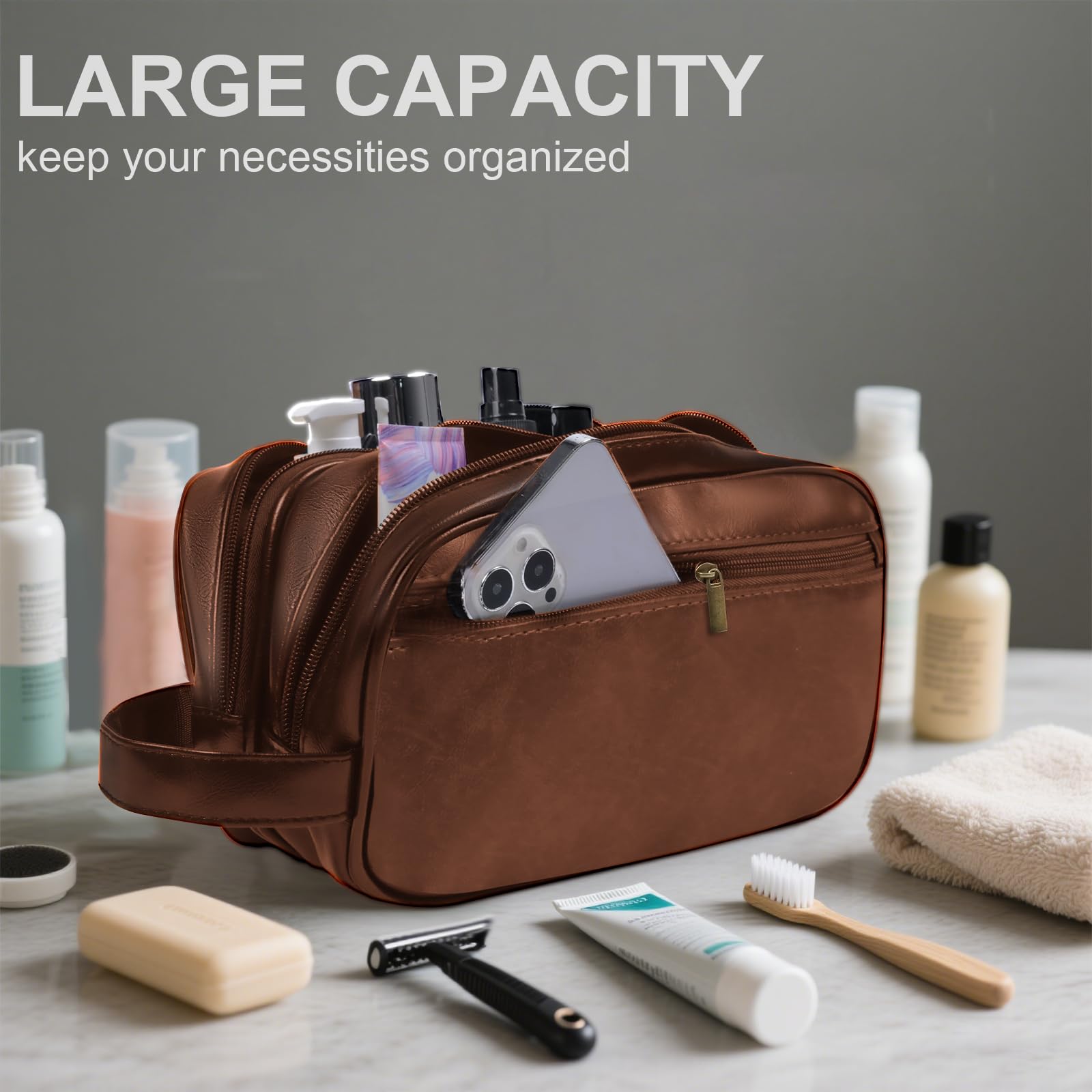Neceser de viaje para hombre, regalo para hombres, de piel sintética, resistente al agua, bolsa de cosméticos con gran capacidad para accesorios de aseo personal, Marrón, Moderno