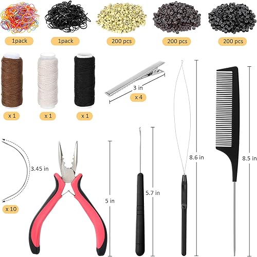 Miniatura 2 de Kit de herramientas de extensión de cabello, 600 micro anillos forrados de silicona, 1 alicate, 2 bucles de tracción de aguja de gancho, 10 agujas