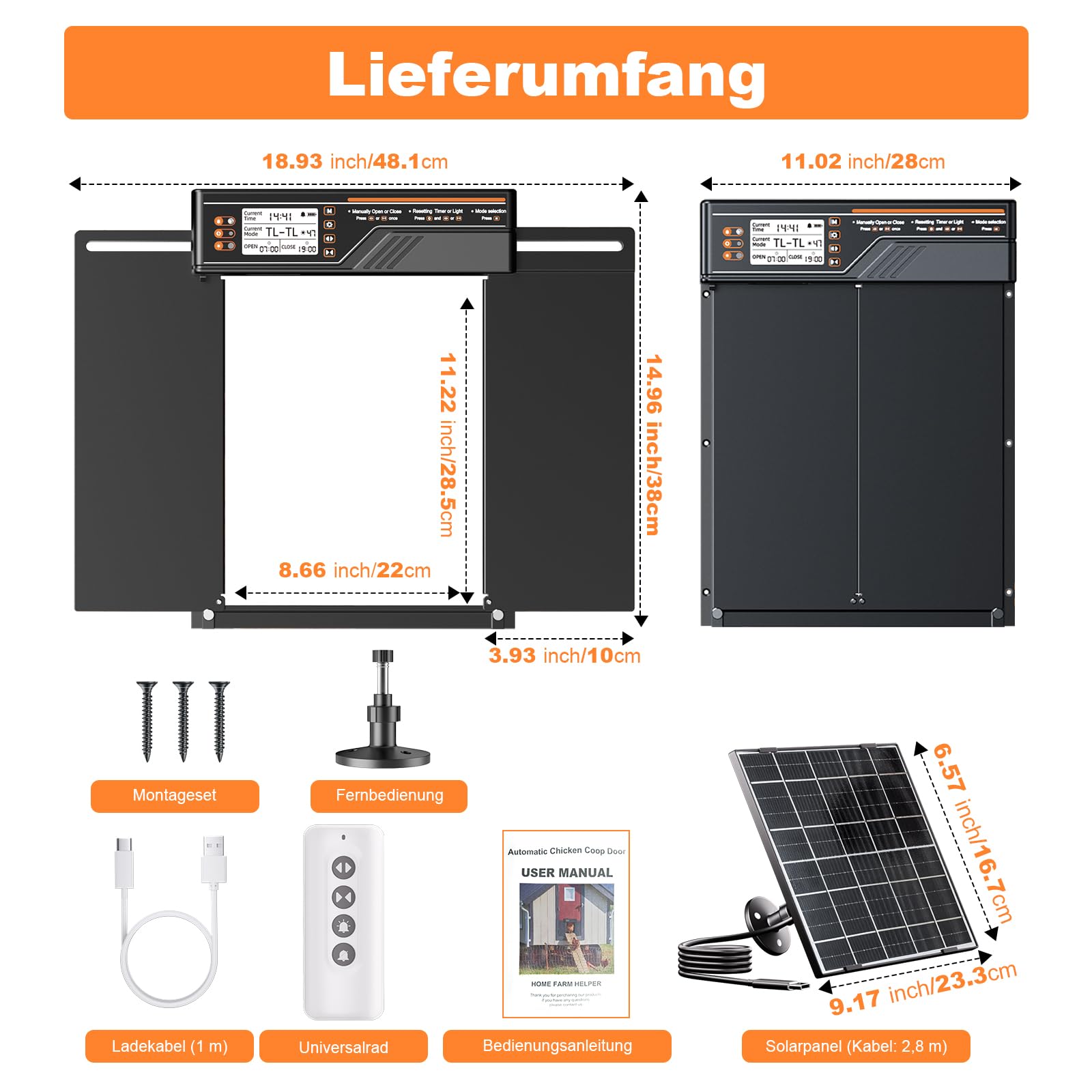 Größe Automatische Hühnerklappe Solar, Seitlich Öffnende Doppelschiebetür, Elektrische Hühnerklappe Automatisch Hühnertür mit Timer, Lichtsensor, Fernbedienung, Intelligenter Einklemmschutz