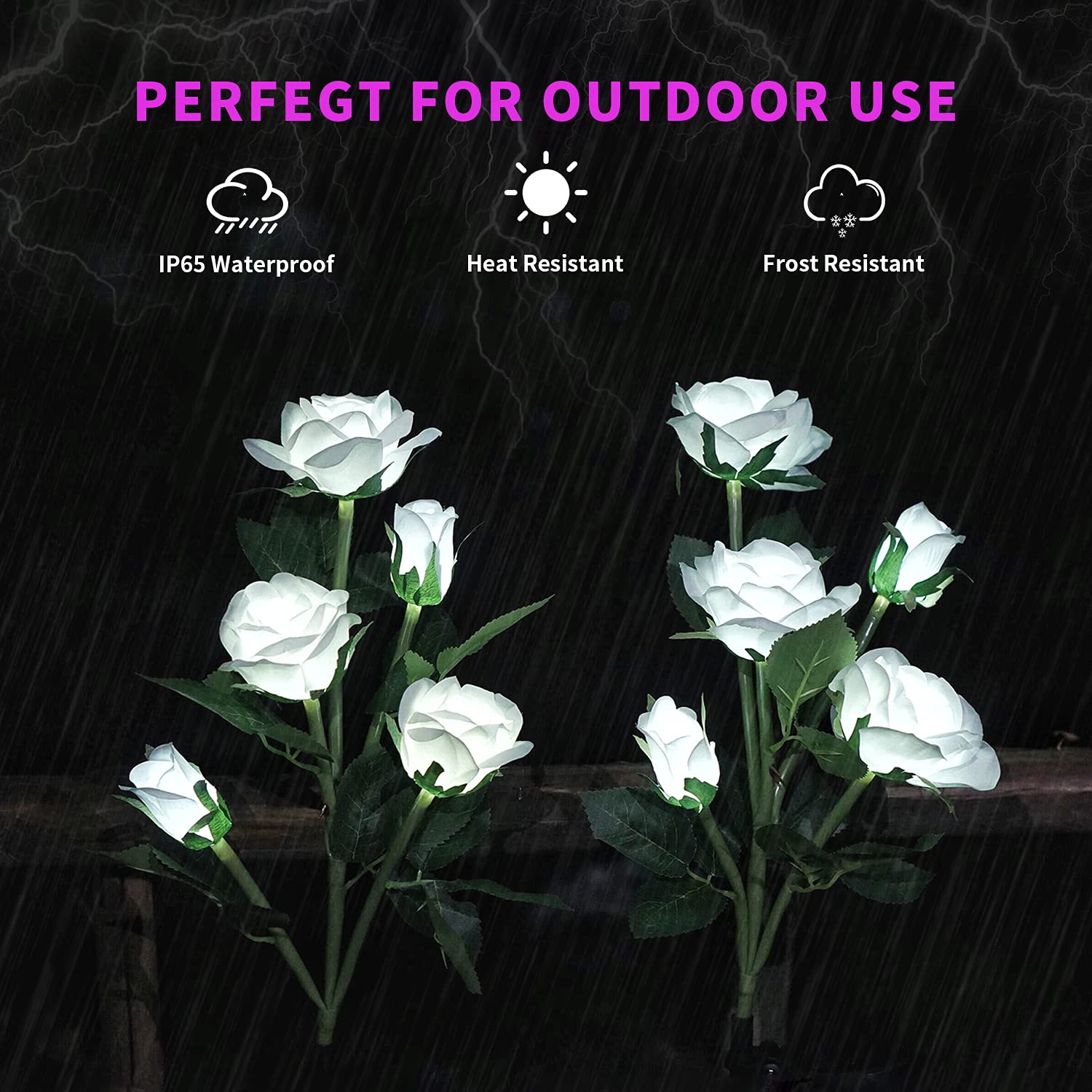Solar-Gartenlichter, 2 Stück, realistische Solar-Outdoor-Blumenlichter, wasserdichte LED-Erdspieß, Landschaft, dekorative Lichter mit 5 Rosen für Garten, Rasen, Terrasse, Hinterhof (weiß)