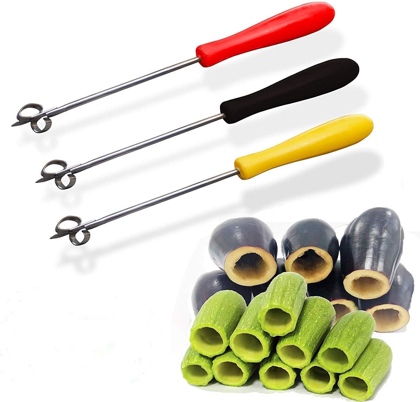 bonballoon 3 Pcs Zucchini Squash Corer Cucumber Eggplant Potato Apple Stuffed Vegetable Stainless Steel with Plastic 10" Handle حفارة كوسا