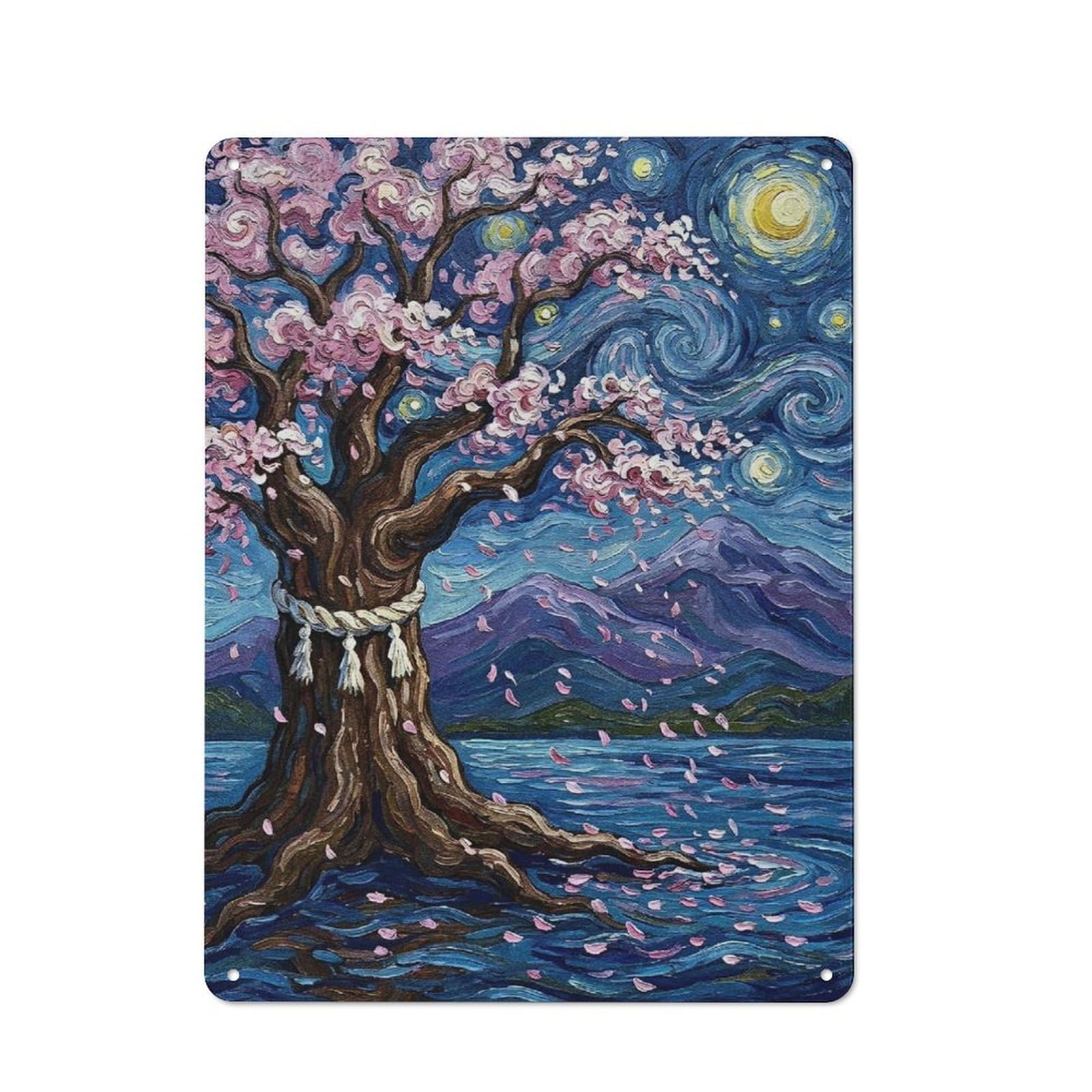 Junmoney Style-1 Tin Wall Plaque 40X30cm With Cherry Blossom Tree By The Water For Hobby Room Or Studio, For Kitchen, Dining Room And Home Bar Wall Decor