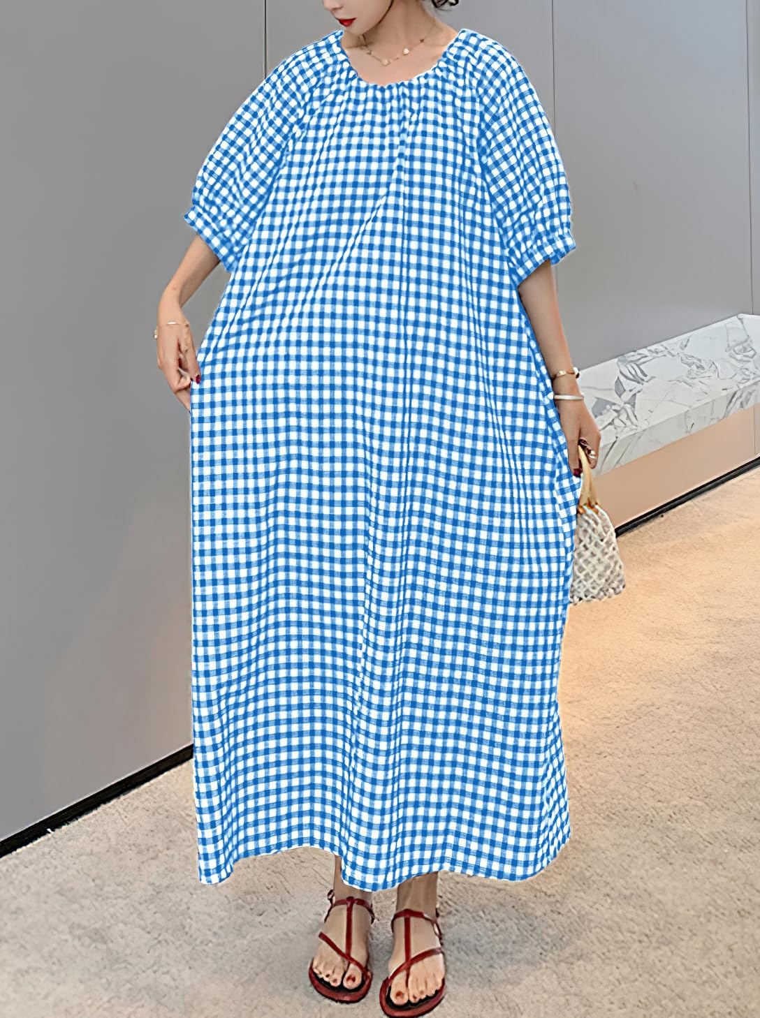 chouyatou Women's Casual Gingham Loose-Fit Swing Dress Cotton Lantern Puff Sleeve Plaid Midi Long Dress - Image 4