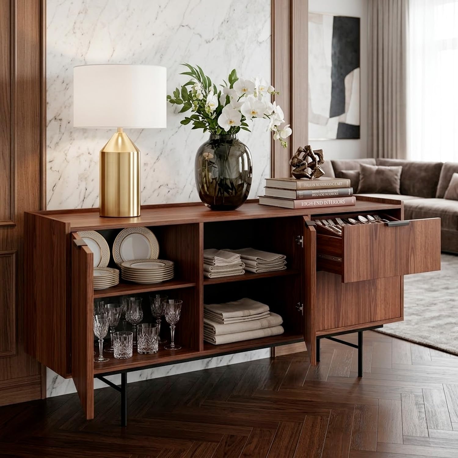 Madia Moderna Con 2 Ante 2 Cassetti E Ripiani Interni Credenza In Melaminico Con Gambe In Metallo Per Soggiorno Sala Da Pranzo Ingresso Ampio Spazio Contenitivo 150 X 40 X 68 Cm Noce