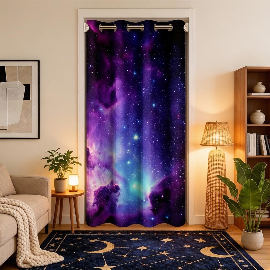 Loussiesd Galaxy Doors, Windows, Curtains Privacy, Outdoor Space Nebula Closet Bedroom Door Curtain 150X203Cm Purple Blue Universe 30% -50% Blackout Curtain, 1 Panel