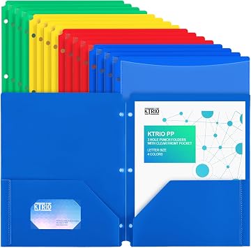 KTRIO 16 Pack 2 Pocket 3 Hole Folders, Clear Front Pocket, 4 Colors