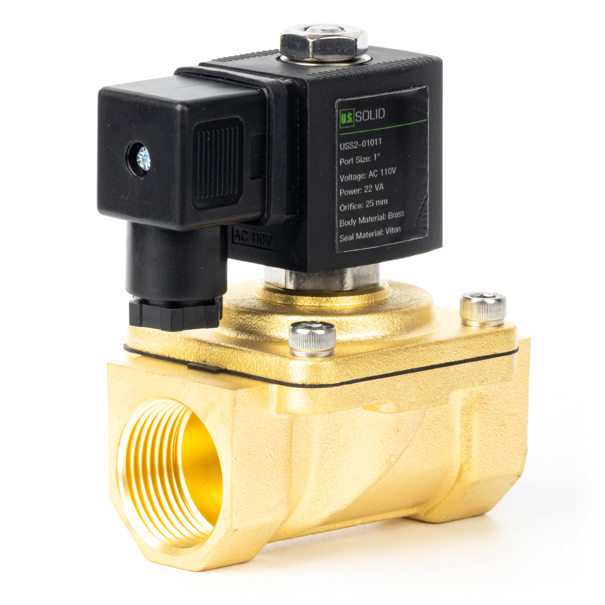 U.S. Solid Zawór elektromagnetyczny 1" - mosiądz AC 220 V z uszczelką Viton, normalnie zamknięty, typ skrzynki przyłączeniowej, gwint G
