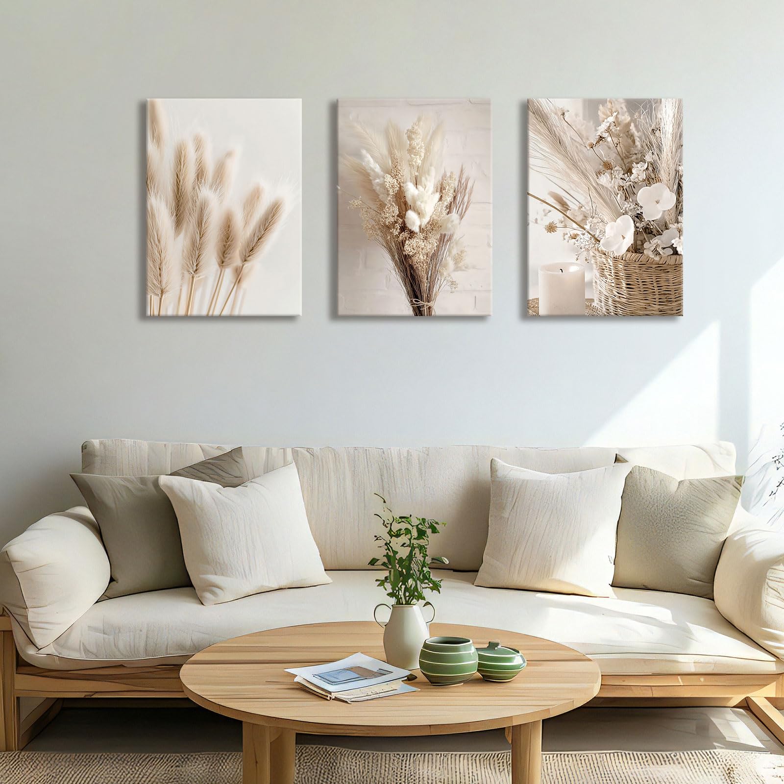 Carta da parati scandinava con erba della pampa in tessuto non tessuto grigio e beige con