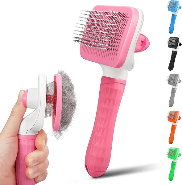 PWOD Dog & Cat Brush, Self Cleaning Slicker Brush for Pets, Upgraded Dog Brush for Shedding Massaging and Grooming, Removes Loose Undercoat & Portable Comb for Long Short Haired Dogs(Pink)