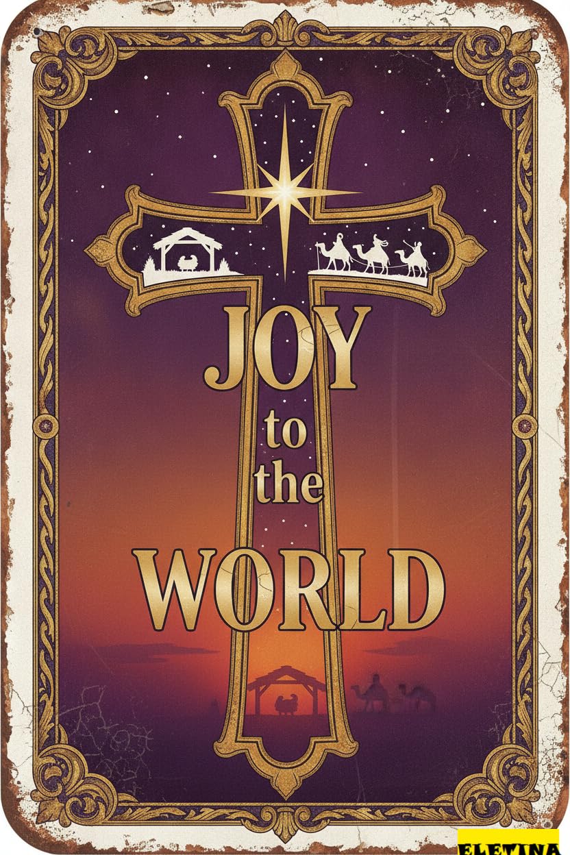 Joy To The World Easter Bible Verse Nativity Scene Retro Metal Tin Sign Kid Room Living Room 8x12in