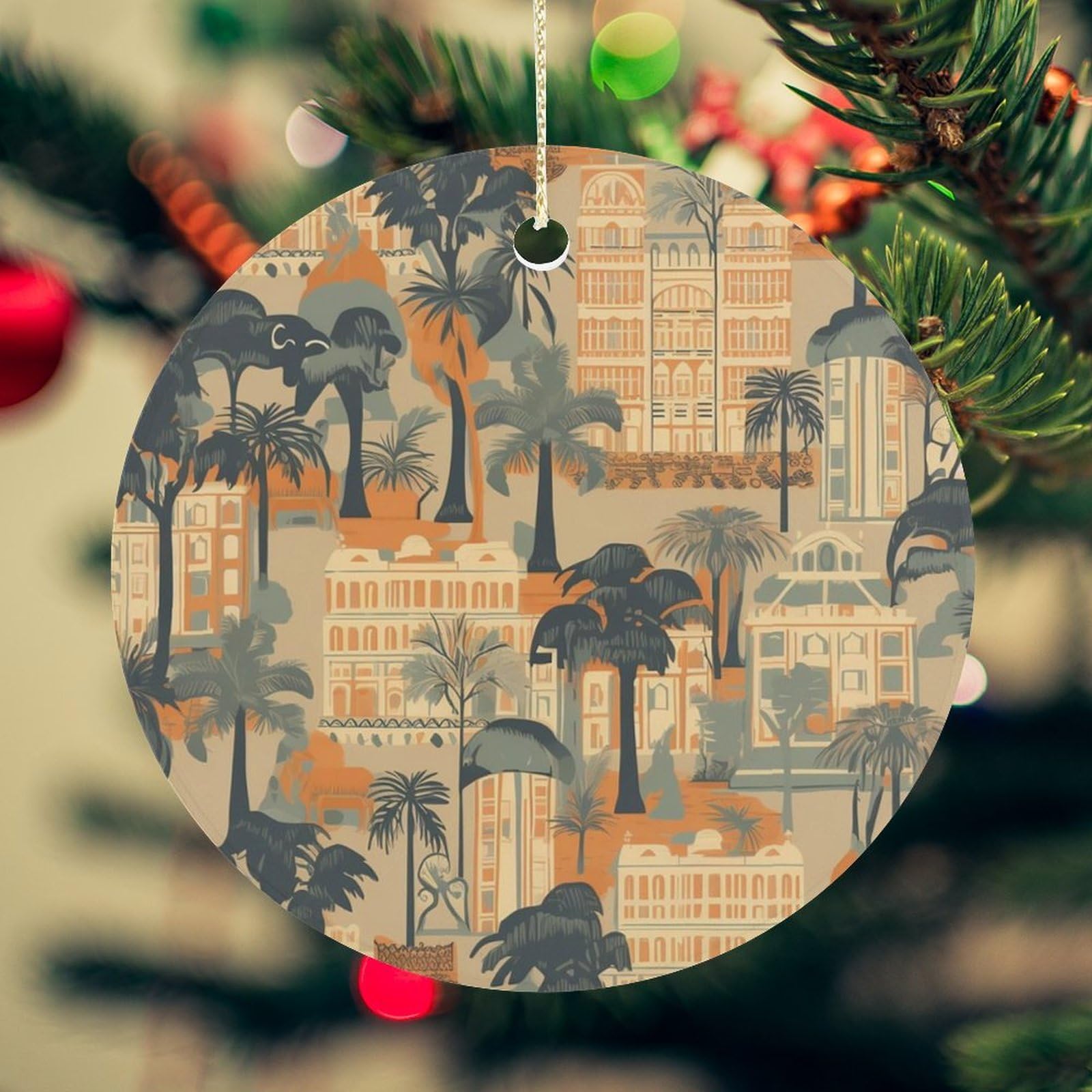 Tropical Palm Tree Christmas Ornament for Christmas Tree Ceramic Round Ornament Winter Holiday Keepsake Gift 2.7" Christmas Tree Hanging Decorations Circle Ceramic Pendant Xmas Gift