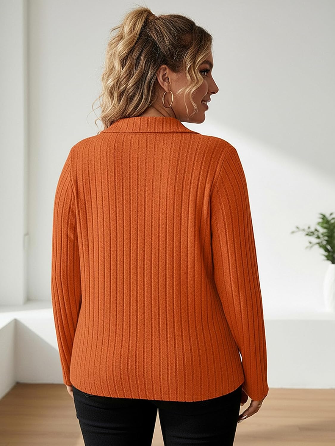 Women's Plus Size Collared V Neck T Shirts Fall Long Sleeve Ribbed Knit Dressy Casual Work Tops - Image 2