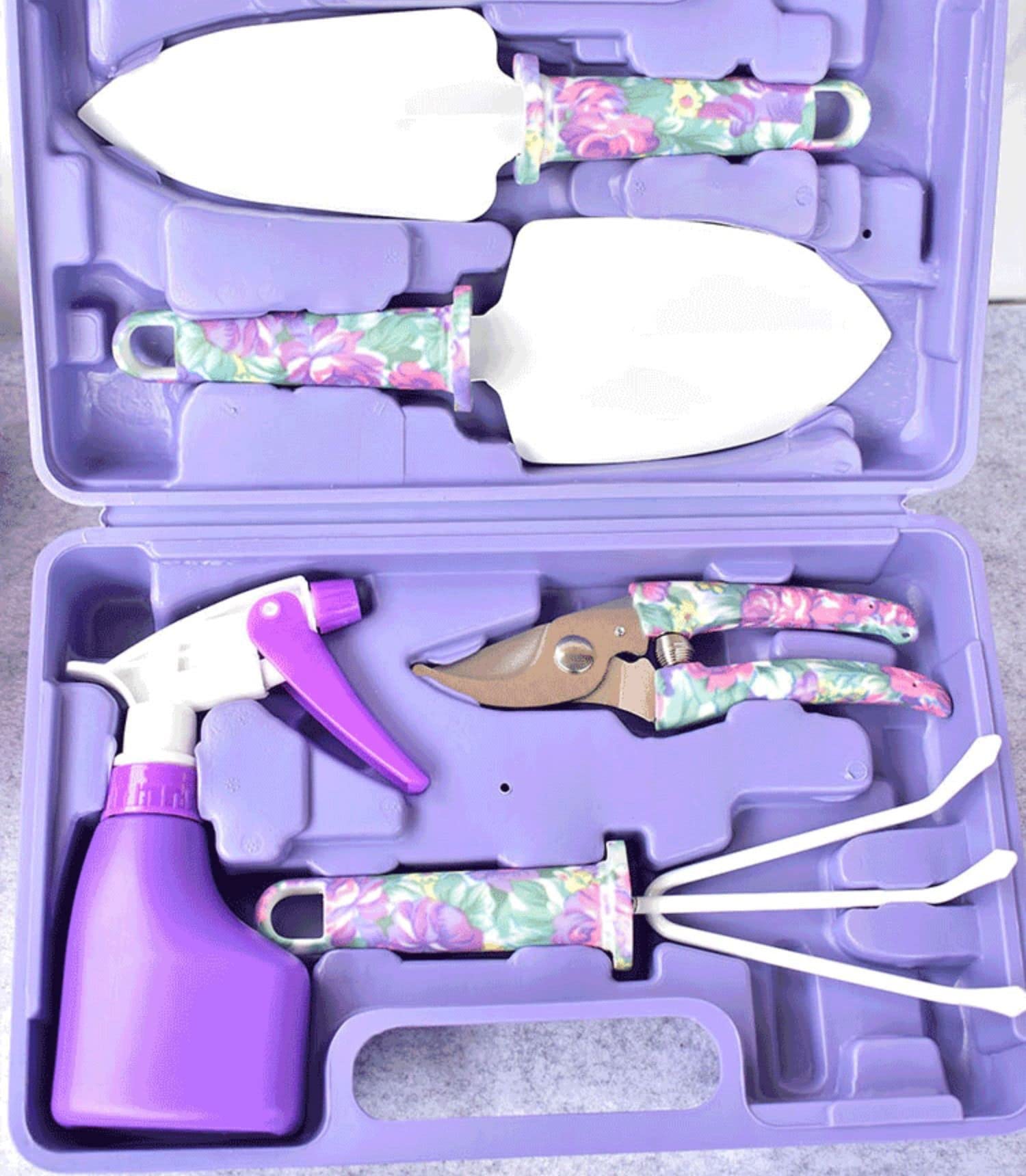 Gartenwerkzeug-Set, 5-teiliges Gartenwerkzeug mit lila Blumendruck, Garten-Handwerkzeuge mit Tragetasche und ergonomischem Griff Gartengeschenke für Frauen Männer