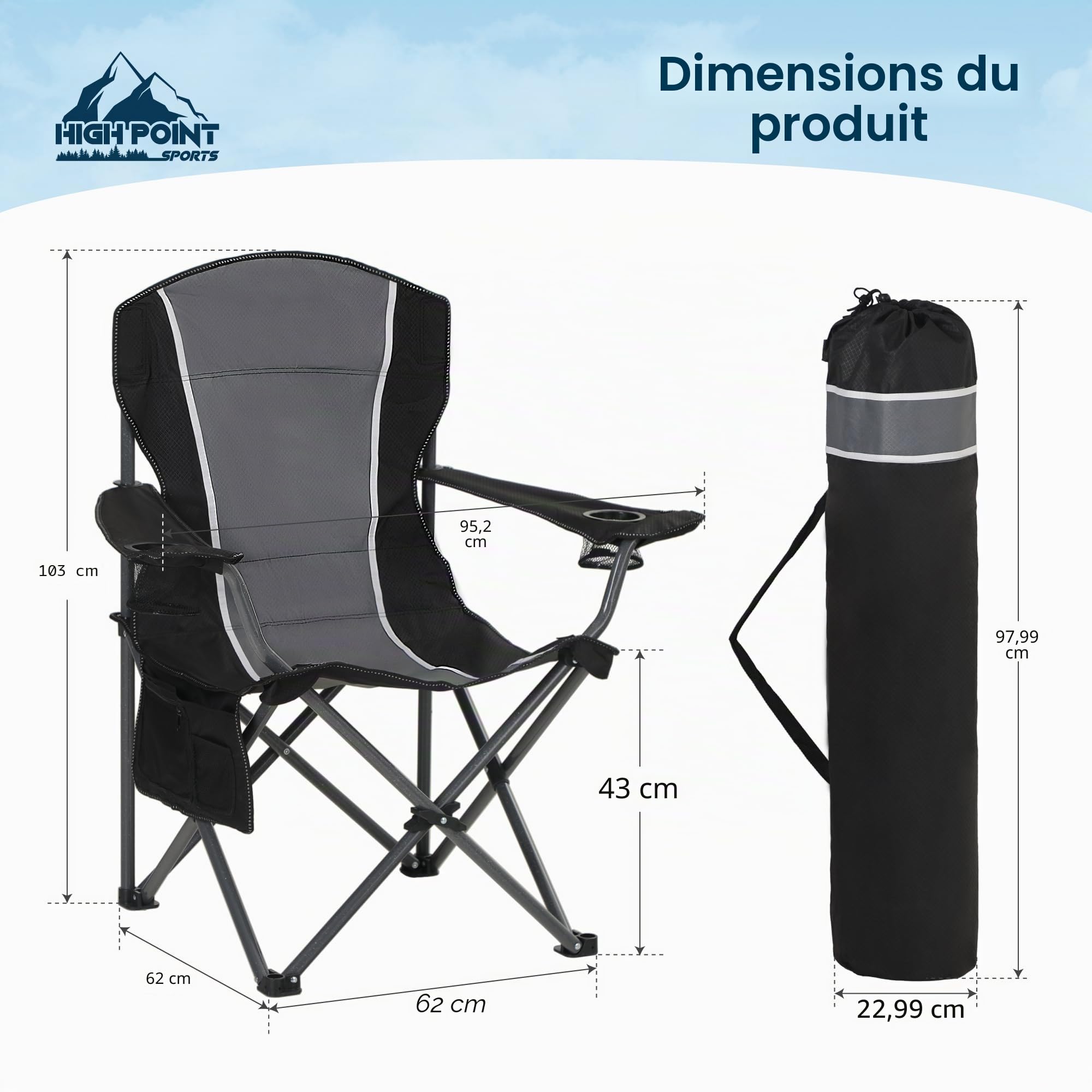 HIGH POINT SPORTS Chaise Pliante Camping 160KG, Chaise de Camping Pliable Portable Surdimensionnée Chaise Pliante Exterieur et Interieur Fauteuil Camping Chaise de Peche Noir-Gris