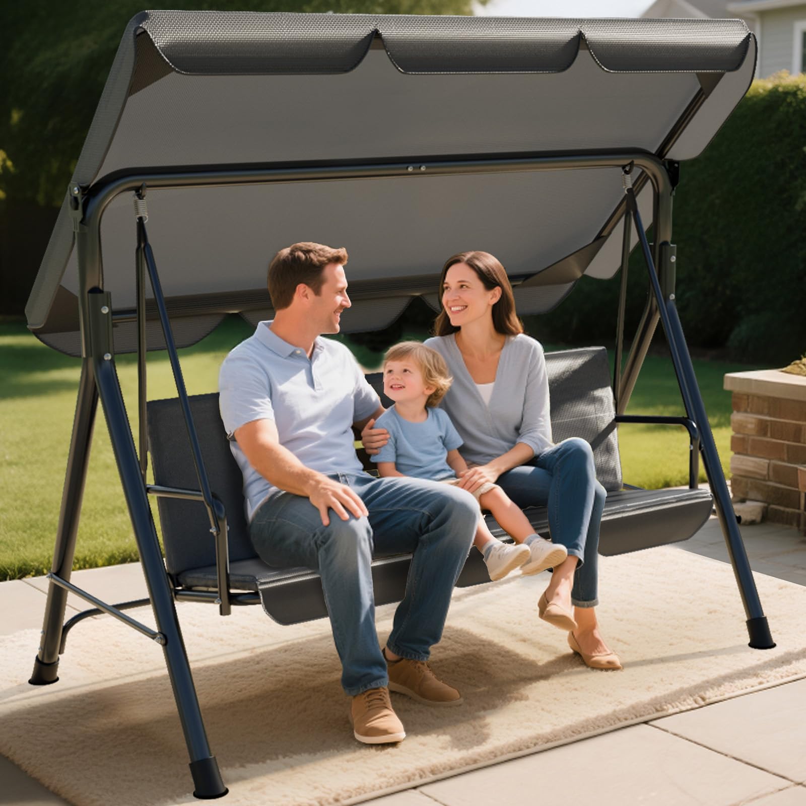 Soontrans 3-Sitzer Hollywoodschaukel, Familienzeit mit Leichtigkeit, Gartenschaukel mit Sonnendach & Gestell & Gepolsterte Sitzauflage, Belastbar bis 200 kg, aus Stahl (193 x 110 x 152 cm, Anthrazit)