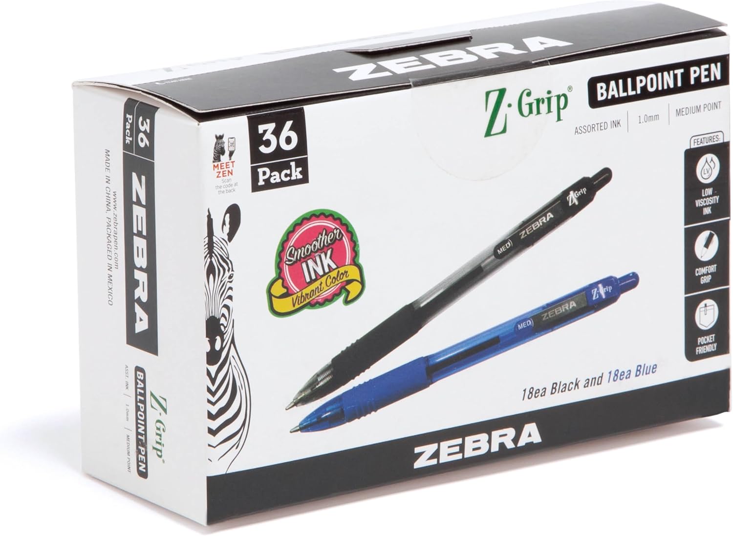 Zebra Pen Z-Grip Retractable Ballpoint Pen, Smooth-Flowing Blue Ink, 1.0mm Medium Point, School & Office Supplies, Ideal for Note-Taking, Journal and Planner Use, 36-Pack (25236)