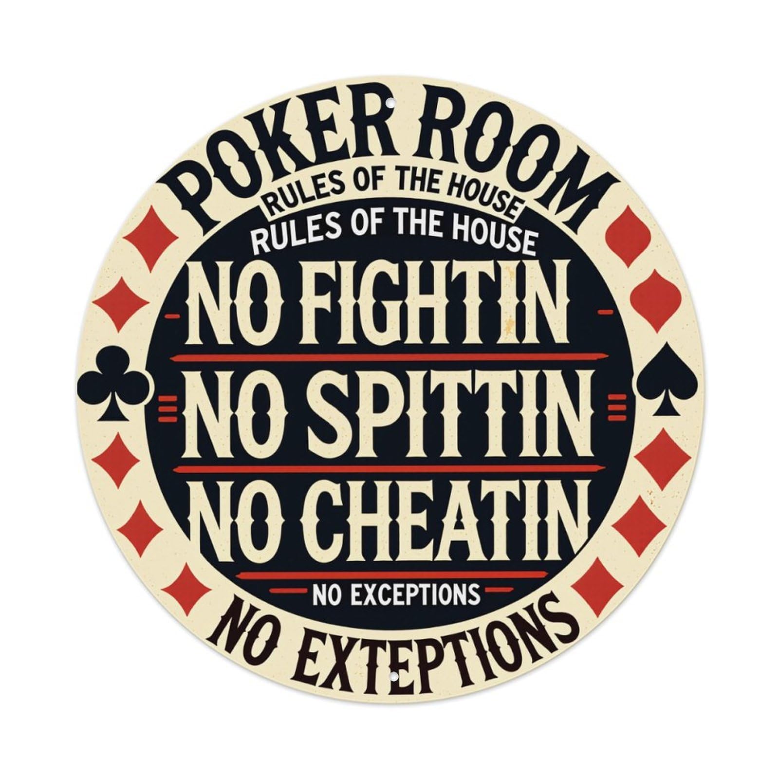 Wmlzdnwr Vintage Poker Room Rules No Fightin No Spittin No Cheatin Round Tin Sign,Retro Wall Art,Metal Poster For Home, Bar, Garage, Cafe, Rustic Indoor & Outdoor Decor, 8X8 Inches