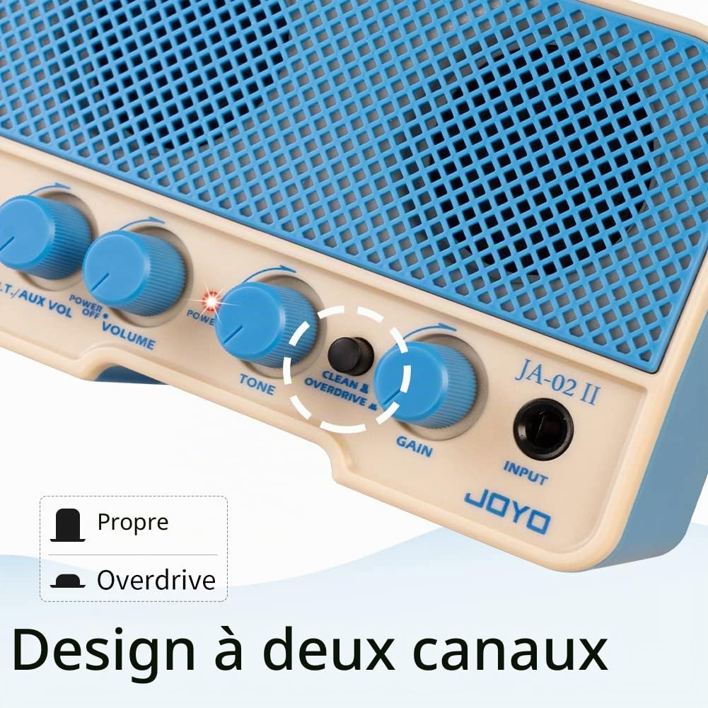 JOYO Mini Amplificateur Combo Guitare 5W Bluetooth Rechargeable - pour Entraînement avec Casque, Canaux Clean & Overdrive (JA-02 II Bleu)