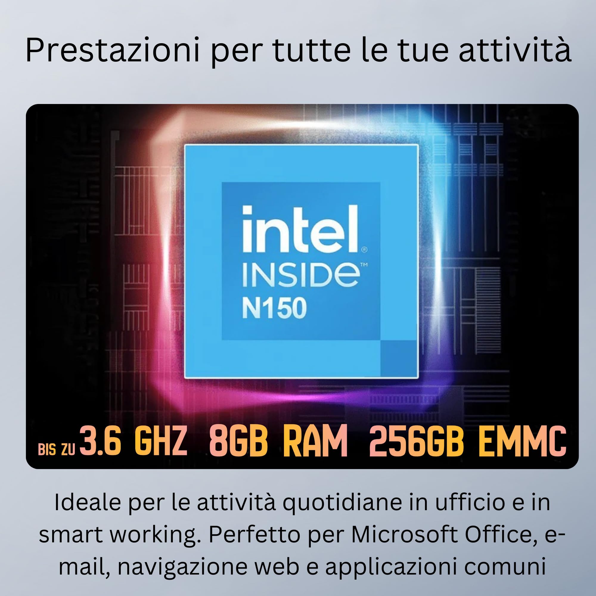 Orbsmart AW-16L Mini PC Silenzioso (Fanless) con Windows 11 Pro | Quadcore N150 CPU, 8GB RAM, 256GB eMMC | Supporto 4K, WiFi 6, Bluetooth 5.2, Computer per Smart Working e Casa