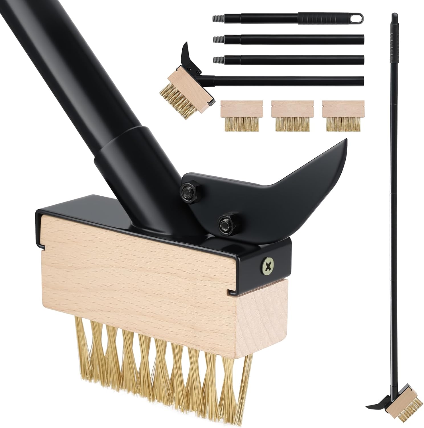 Mitclear Weed Moss Remover Brush with Long Handle(50IN), Crack Weeder Moss Removal Tool with Wire Brush & Scraper, Weed Puller Crevice Cleaning, Remove Weeds on Roof Deck Driveway Paver(4 Brushes)