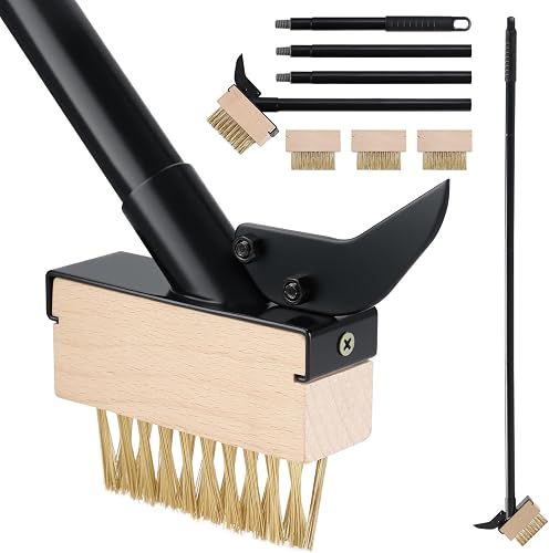 Weed Moss Remover Brush with Long Handle(57IN), Crack Weeder Moss Removal Tool with Wire Brush & Scraper, Weed Puller Crevice Cleaning, Remove Weeds on Roof Deck Driveway Paver(4 Brushes)