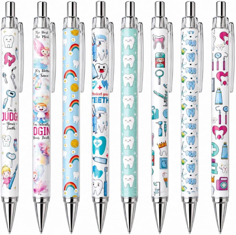YJ PREMIUMS Dental Wrap Pens 8PC - Teeth-Themed Office Supplies, Black Tooth Pattern Pens for Employee Appreciation Gifts, Dental Assistant Gifts, Perfect for Dental Assistant Appreciation Week