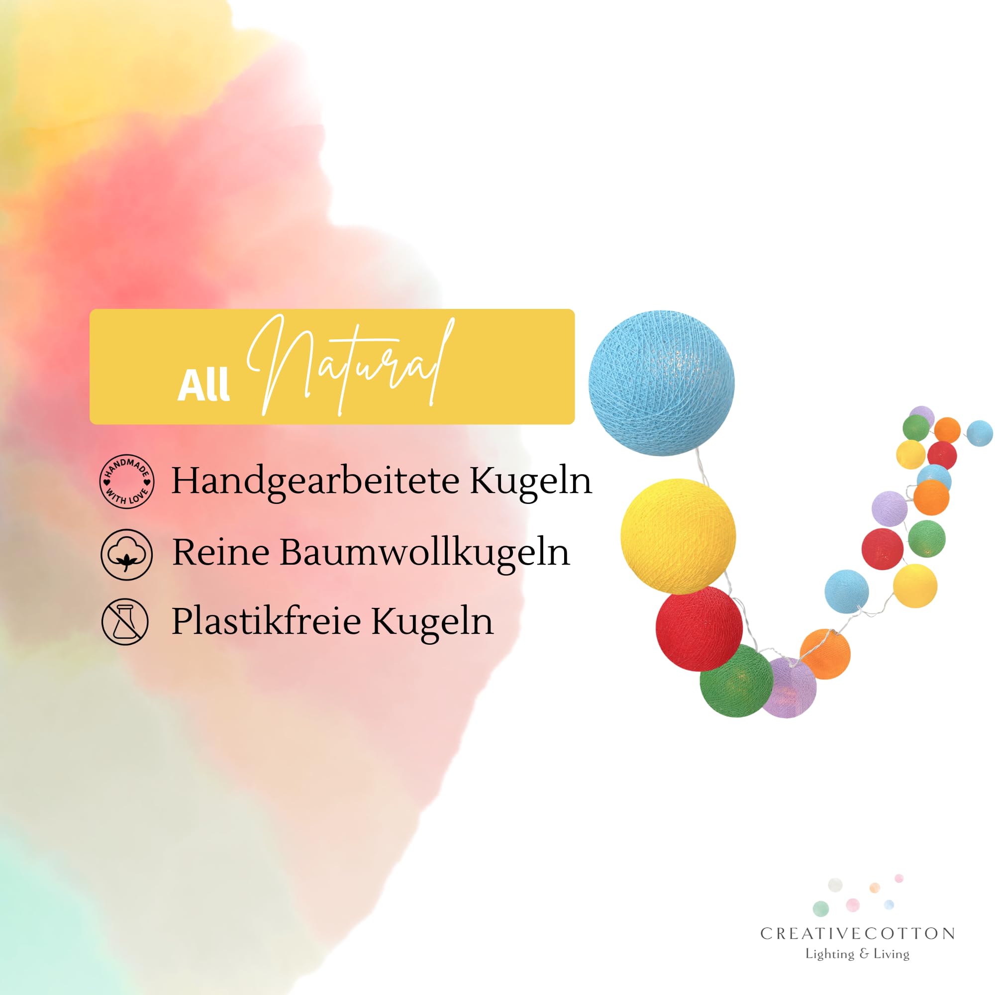 CREATIVECOTTON LED Lichterkette mit Cotton Balls inkl. Timer und Dimmer (Fiesta, 35 Kugeln)
