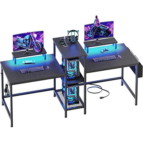Furologee 2 Person Gaming Desk with LED Lights, 71 Inch Computer Desk with Power Outlets and Monitor Stand, Double Desk with Storage Bag and Headphone Hooks, Study Writing Table for Home Office, Black