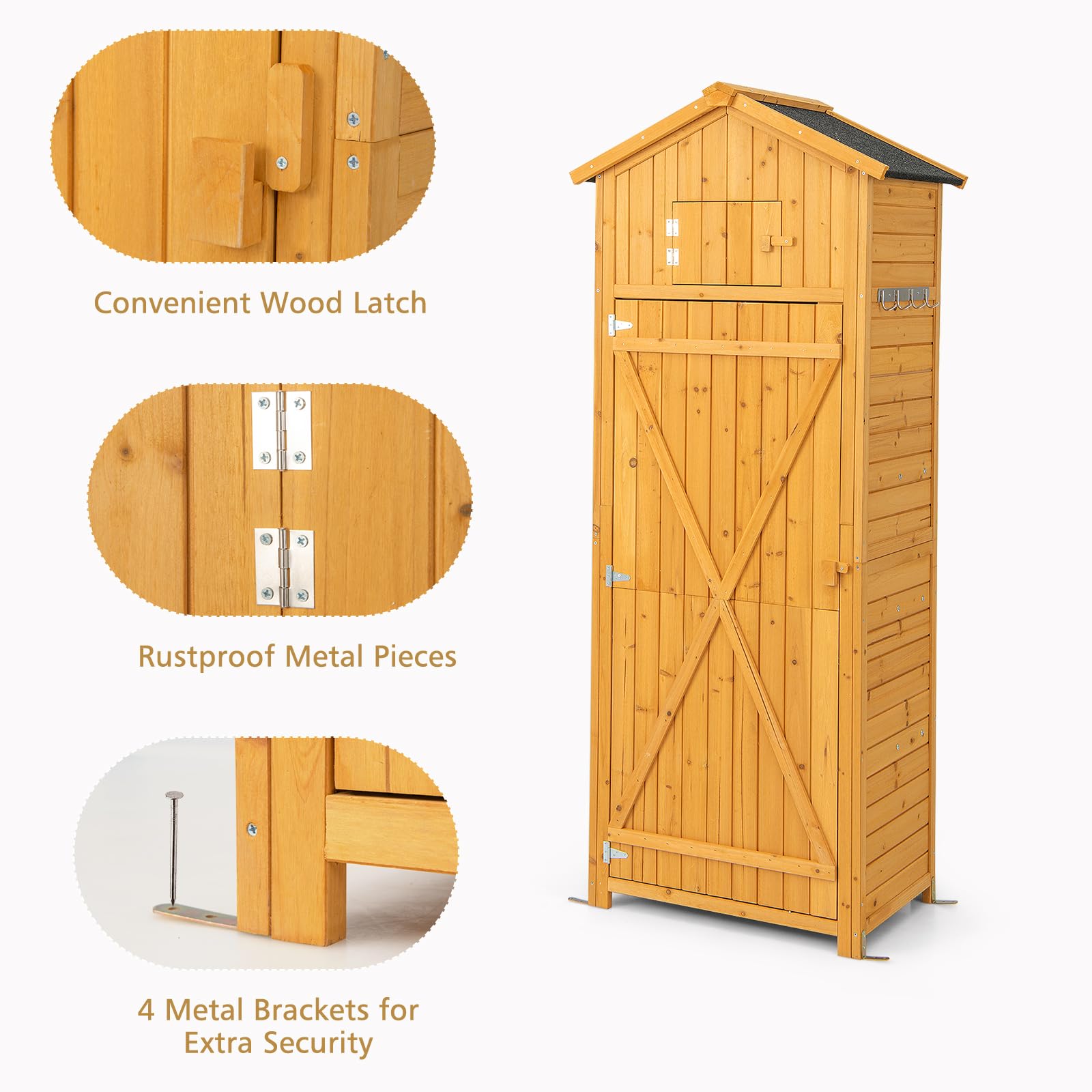 KOMFOTTEU Casetta da Giardino in legno, Capanno per Attrezzi Multifunzione, Armadietto da Giardino con Tetto a 2 Falde, Scaffale, Tavolo Pieghevole, 65 x 42 x 180,5 cm, Colore Naturale