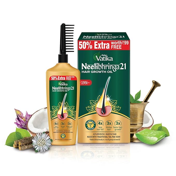 DABUR Vatika Neelibhringa 21 Hair Growth Oil – (50Ml+25Ml Extra Free) | 14 Ayurvedic Herbs | Ayurvedic Medicine | 4X Less Hairfall | 3X Thicker Hair | 21 Hair Benefits | With Ergnomic Comb Applicator at Rs. 99