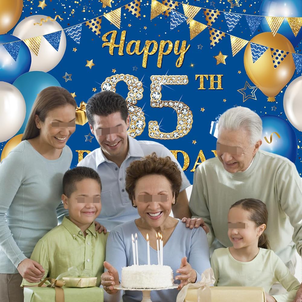 85 Birthday Decorations Happy 85th Birthday Backdrop Banner Blue Gold Large Size Banner Triangle Flag Balloons Booth Background Deco for Women Men 85 Years Old Anniversary Party Supplies Photo Prop - Image 7