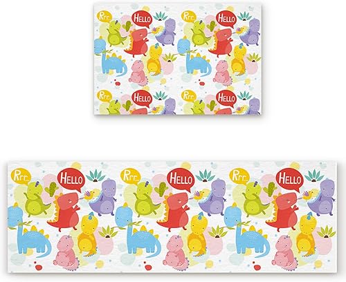 Kitchen Rug Mats Set of 2 Piece Cartoon Cute Dinosaur Non Slip Cushioned Rug Rainbow Green Leaves Anti-Fatigue Washable Comfort Floor Mat Carpets