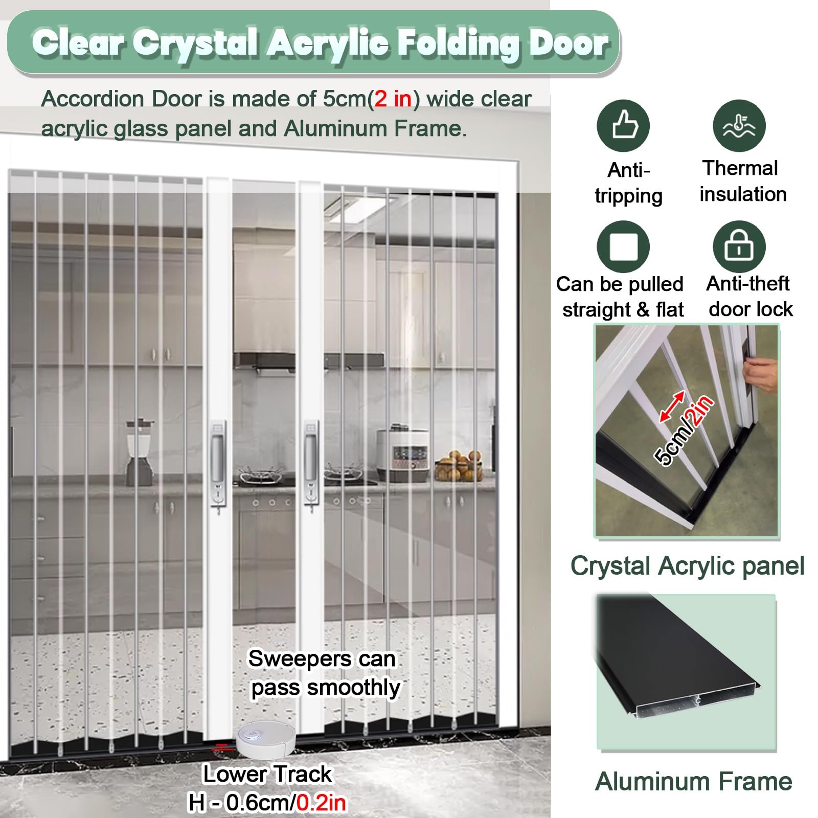 CCBOYSHARDWARE 38x80 Inch Interior Accordion Door – PVC Folding Door With Frosted Panels, Aluminum Track, Lock, Hardware Included, White
