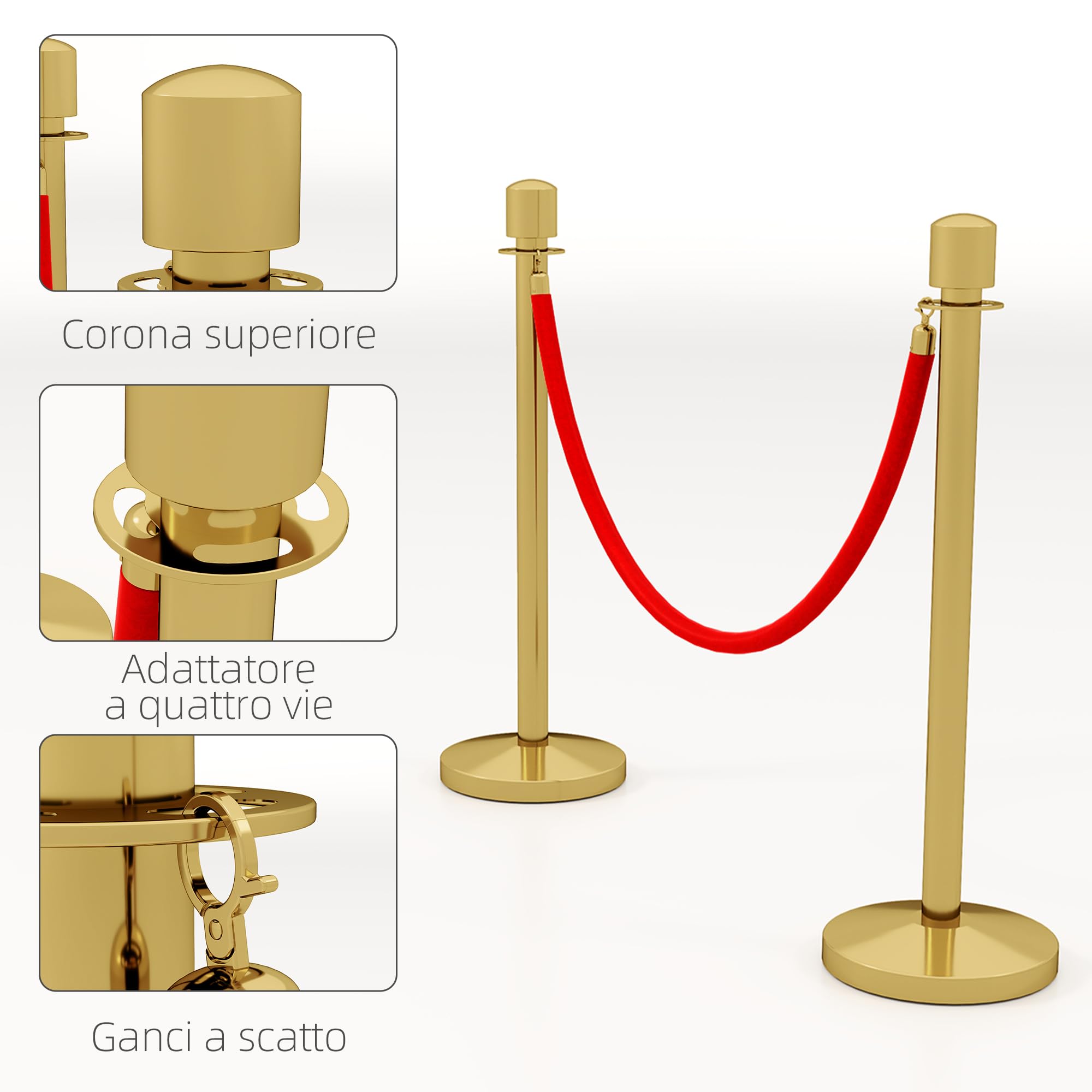 HOMCOM Colonnine Segnapercorso con Corda Vellutata di 1.5 m e Base Riempibile, Paletti Delimitazione in Acciaio Inox, Ø32x96 cm, Oro e Rosso