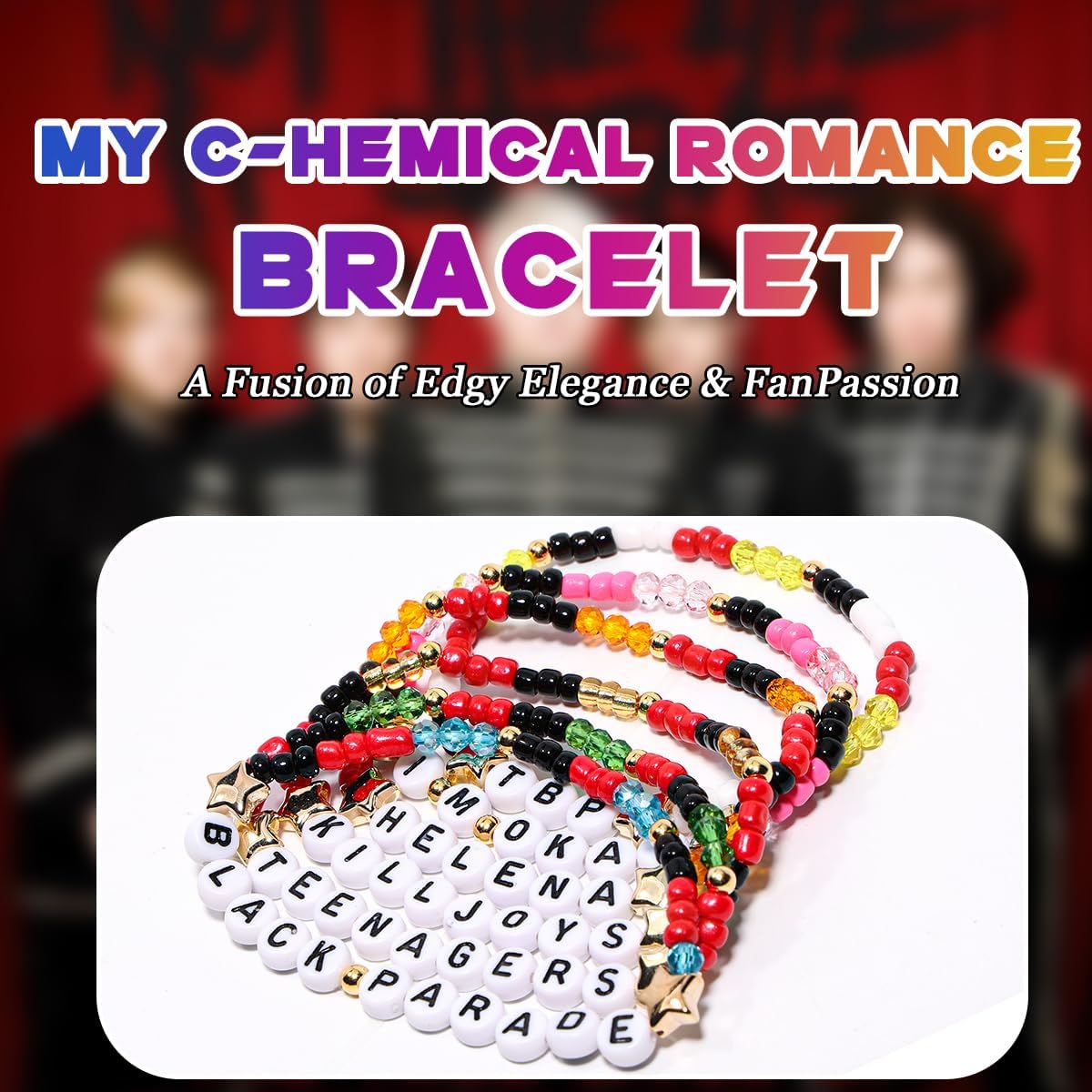 AICase for My Chemical Romance Merch Gifts Inspired Bracelets 6 Pcs Stackable Stretch Beaded Friendship Bracelets Concert Outfit Vinyl Poster Sticker Merchandise Gifts for Fans Women Birthday Christmas - Image 2