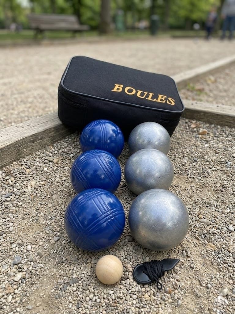 BuyBocceBalls Listing -73mm Metal Petanque/Boules 6 Ball Set with 3 Plain Grind Sand and 3 Blue Balls and Black Bag